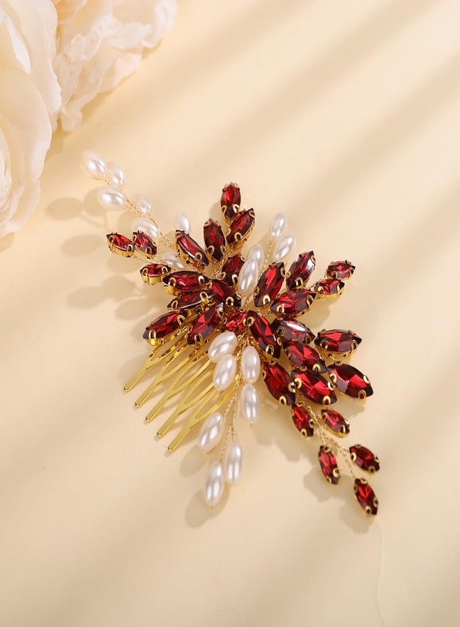 Xerling Pearls Rhinestone Hair Comb Wedding Hair Accessories Vintage Bridal Side Comb Floral Headpiece Hair Jewelry Multi Colors Head Piece for Women Brides (Wine Red) - Image 4